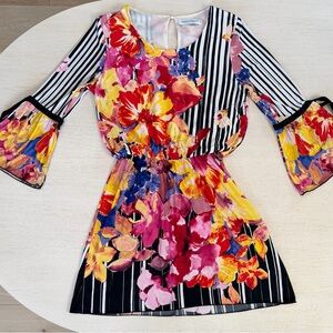 Floral and Striped Dress - Pink, Yellow, Black